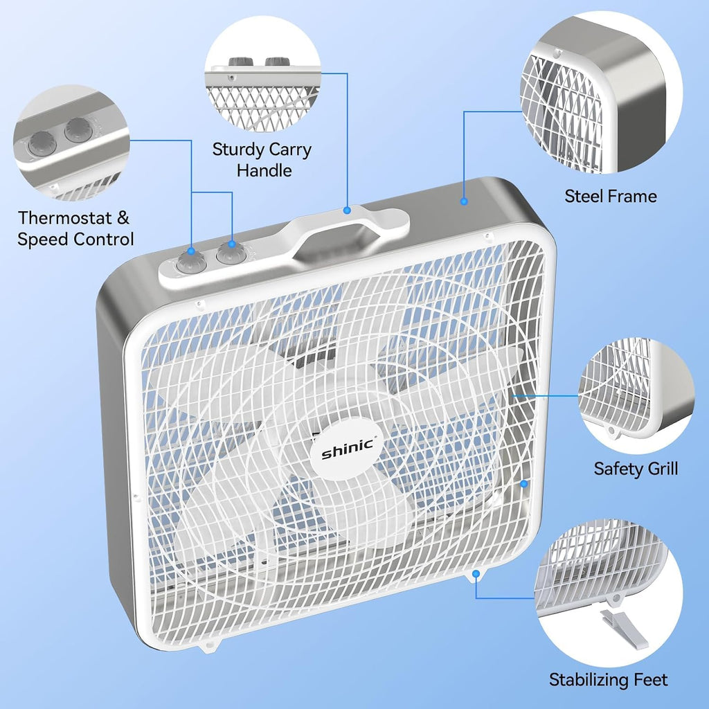 20” Box Fan with Thermostat, 3-Speed Portable Floor Fan, White P3194