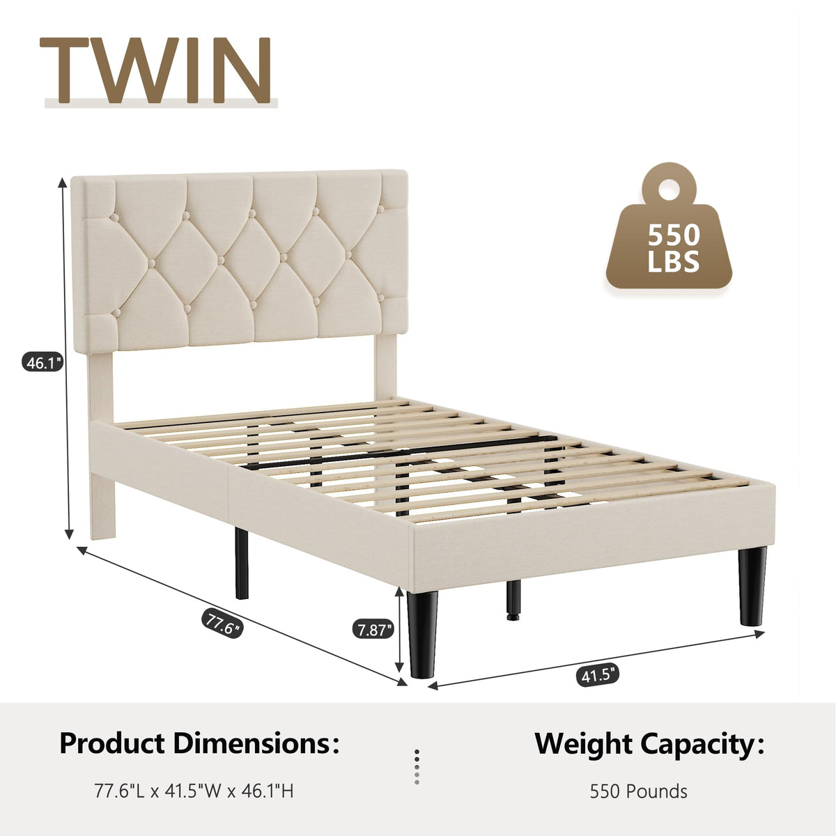 Twin Bed Frame with Upholstered Tufted Headboard, Beige Y344