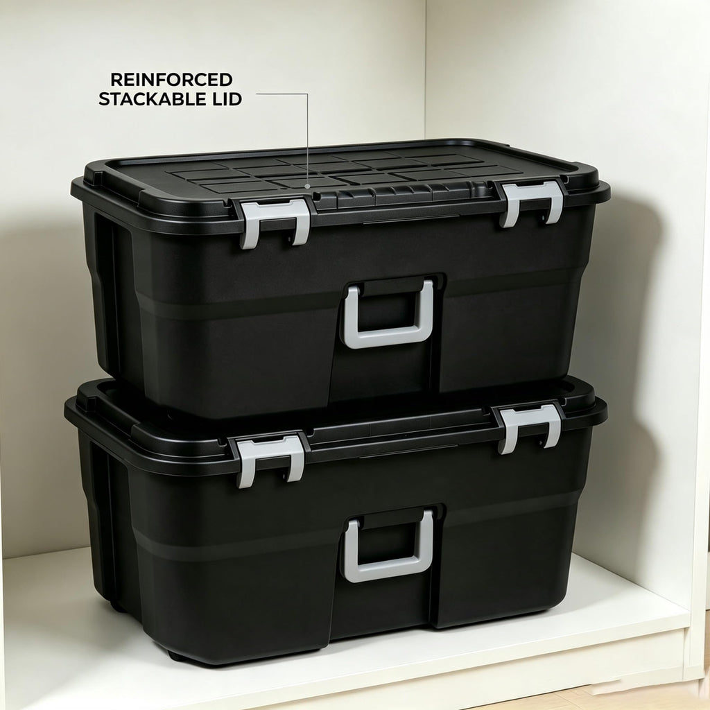 2 Pack 22 Gallon Black Wheeled Lockable Plastic Storage Trunk C209