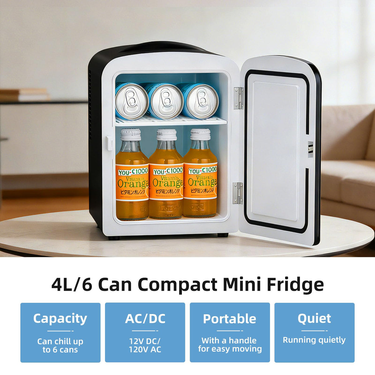 4L 6 Can Portable Mini Fridge Black F101228