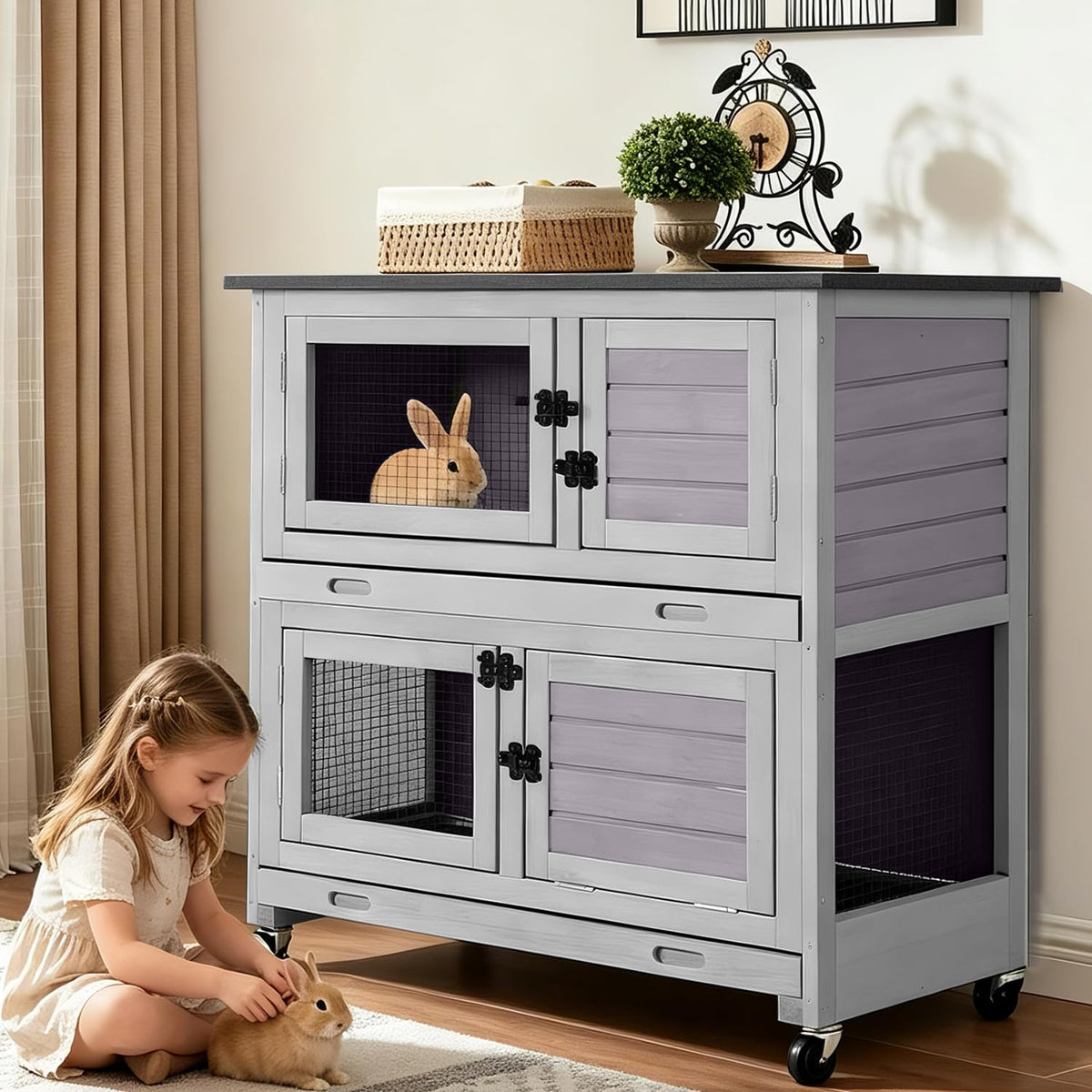 2-Story Wooden Rabbit Hutch with 4 Wheels and 2 Pull-Out Trays W9831