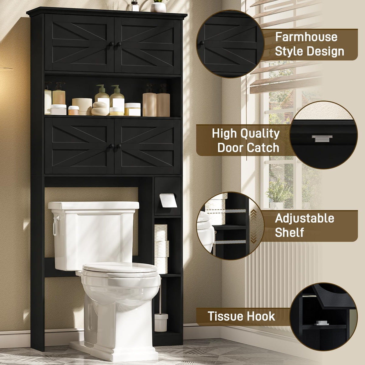 Wooden Over The Toilet Storage Cabinet with Barn Door I3441