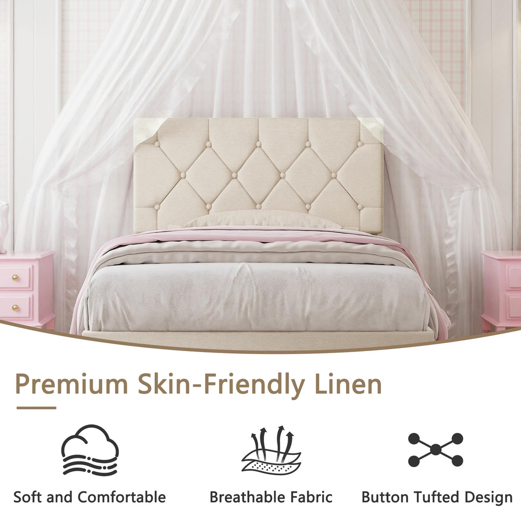 Twin Bed Frame with Upholstered Tufted Headboard, Beige Y344
