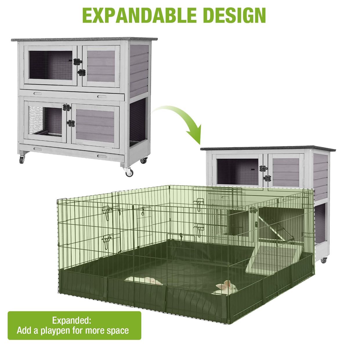 2-Story Wooden Rabbit Hutch with 4 Wheels and 2 Pull-Out Trays W9831