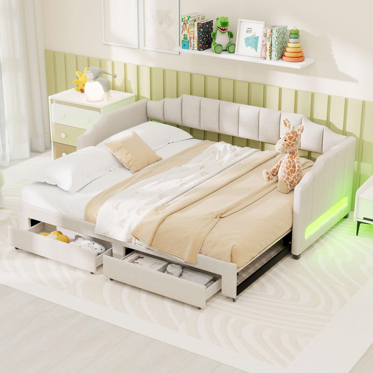 Twin XL to King Extendable Upholstered Daybed Frame with 2 Storage Drawers S2218