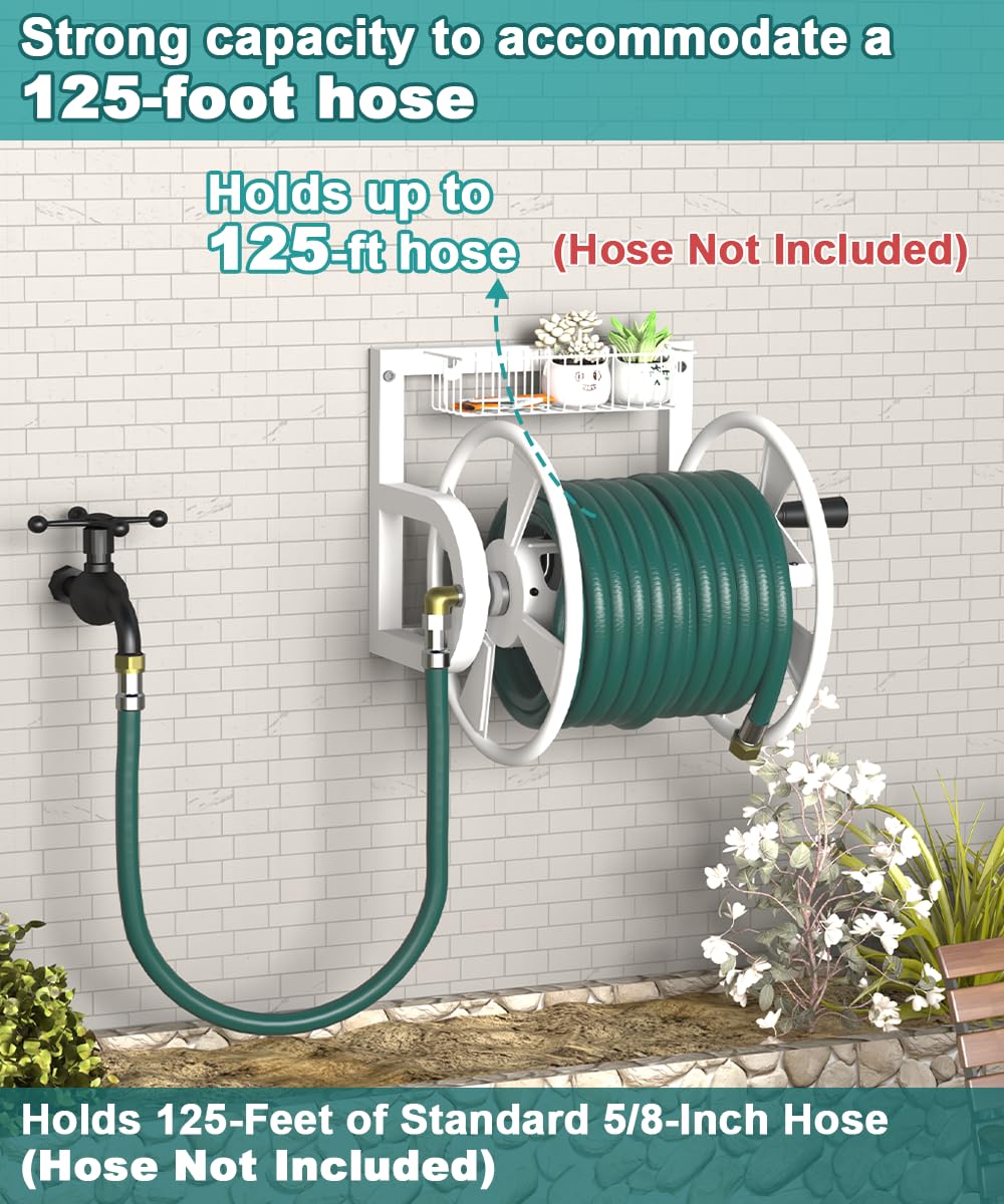 Wall Mounted Hose Reel, Holds 125 Feet of 5/8-Inch Hose, White M958732