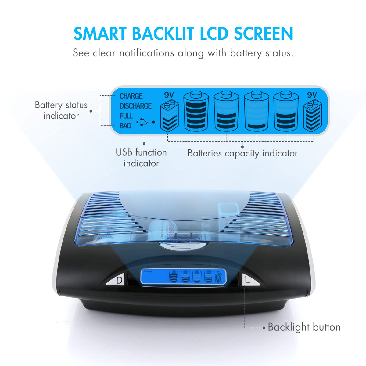 Rechargeable NiCd D Batteries and LCD Smart Charger T963642