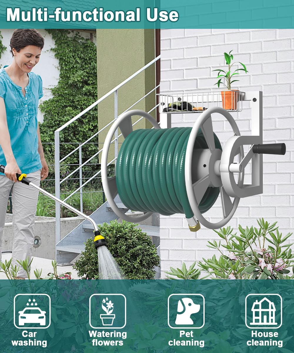 Wall Mounted Hose Reel, Holds 125 Feet of 5/8-Inch Hose, White M958732