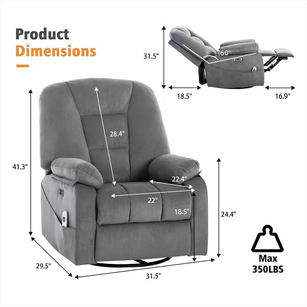 Velvet Grey Power Swivel Rocker Recliner with Massage and Heat C63667