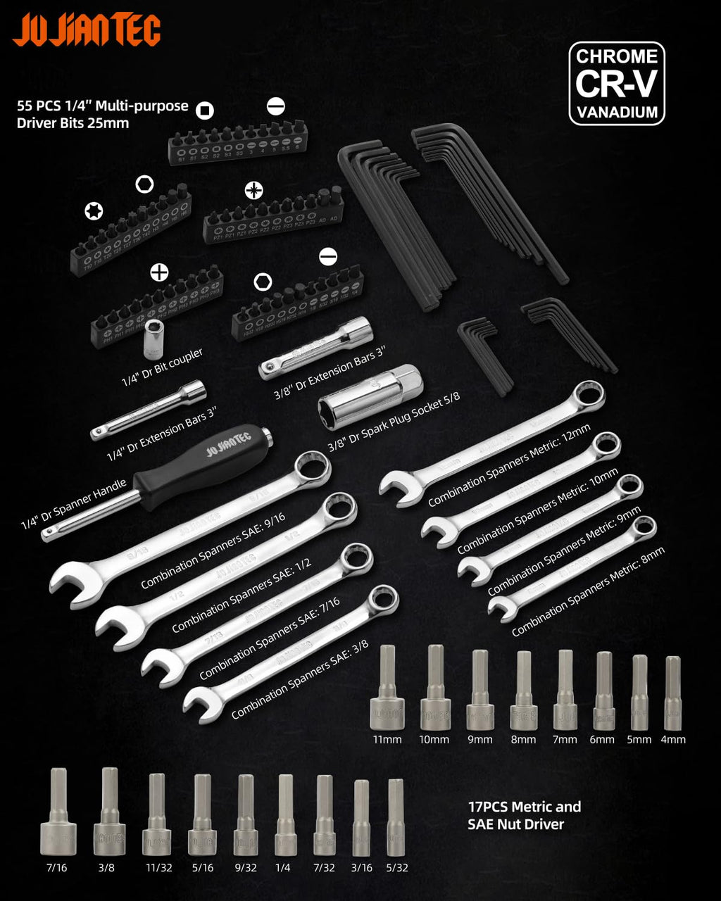 201pc Mechanics Tools Set, 1/2'', 1/4'', 3/8'' Drive Socket Set V651