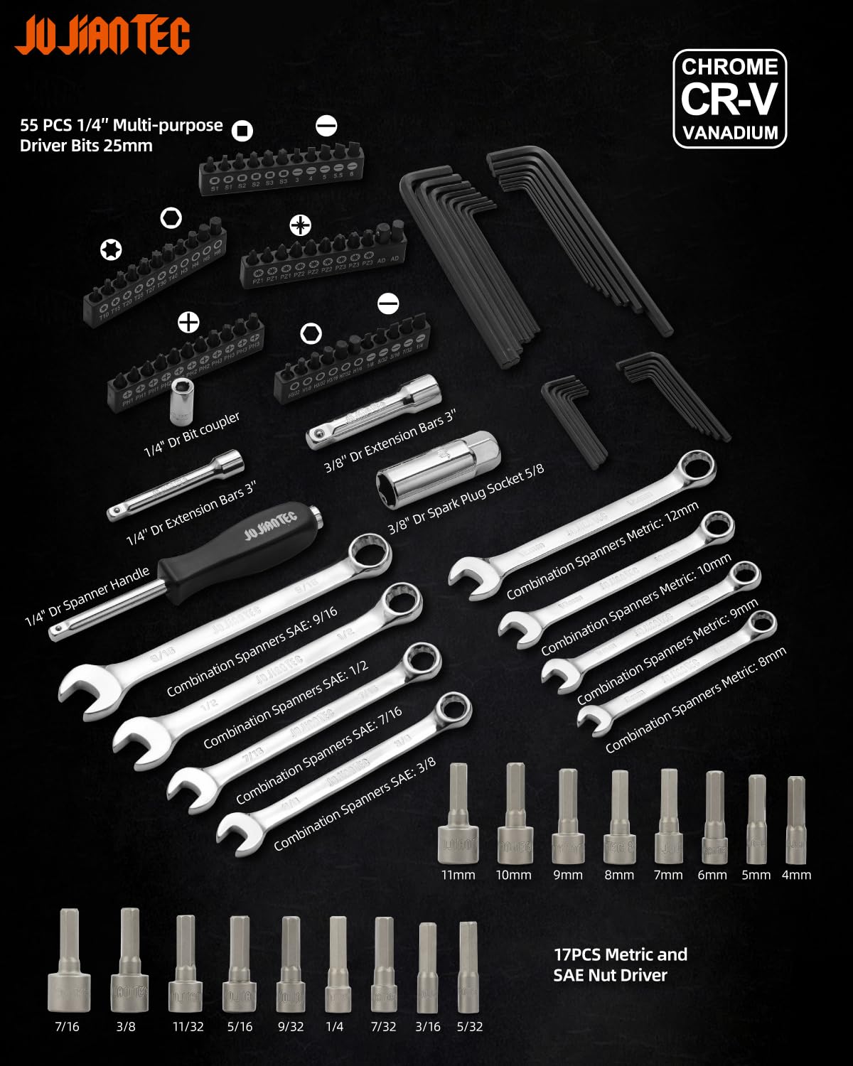 201pc Mechanics Tools Set, 1/2'', 1/4'', 3/8'' Drive Socket Set V651