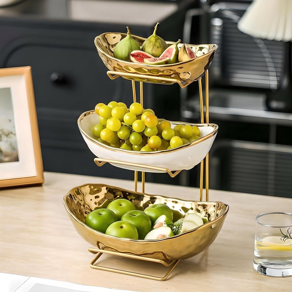 3-Tier Gold Fruit Bowl & Tray with Metal Stand Y57071