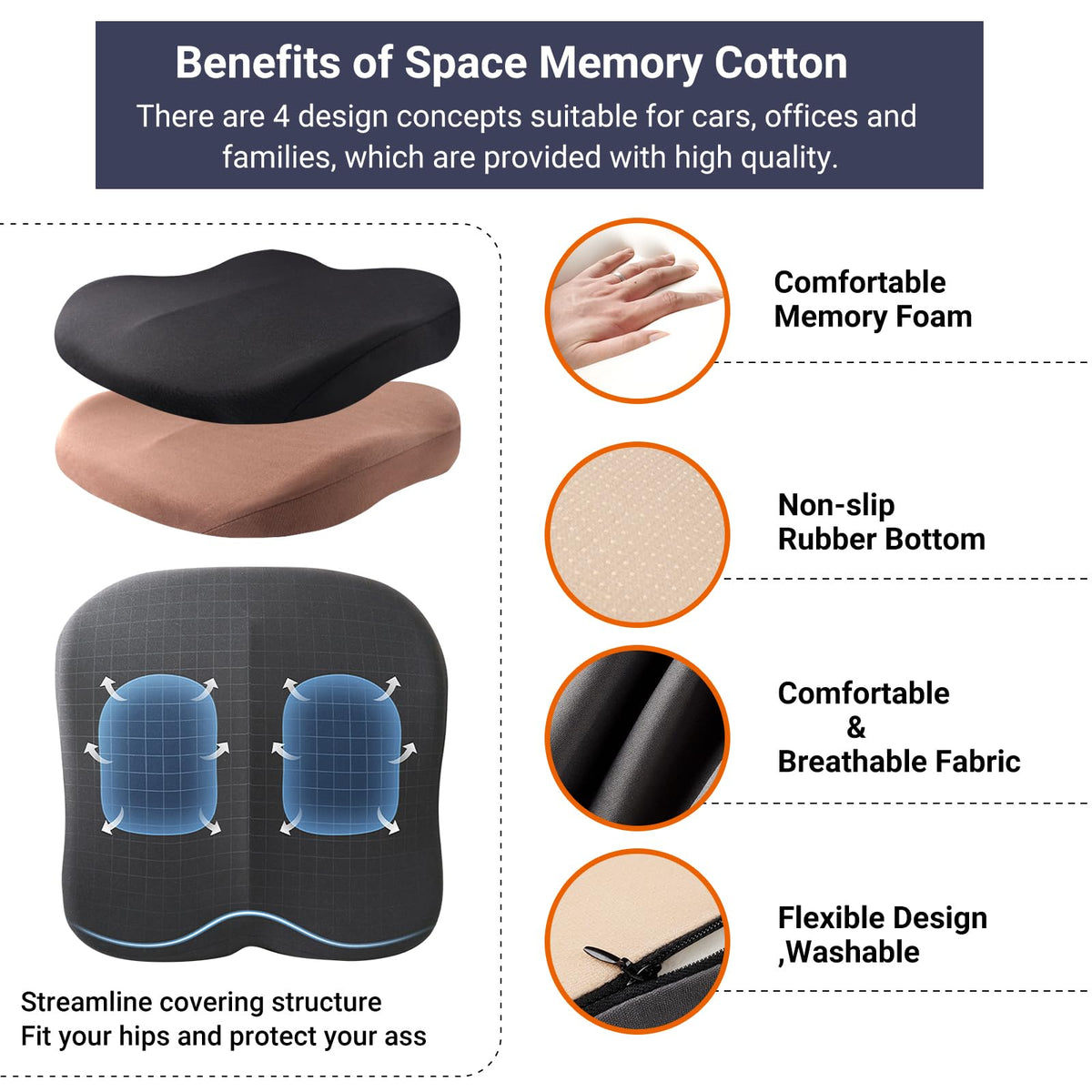 Black Memory Foam Car Seat Cushion M809