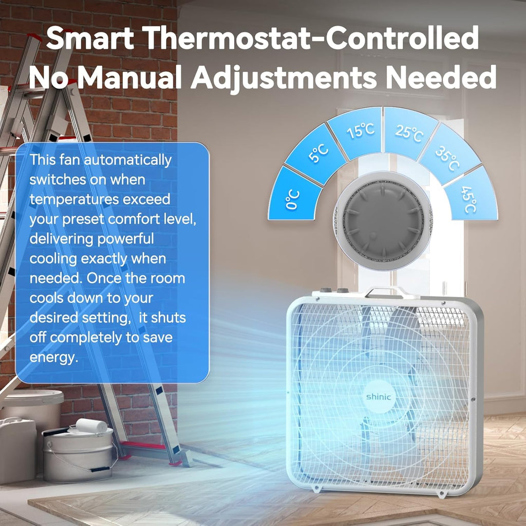 20” Box Fan with Thermostat, 3-Speed Portable Floor Fan, White P3194