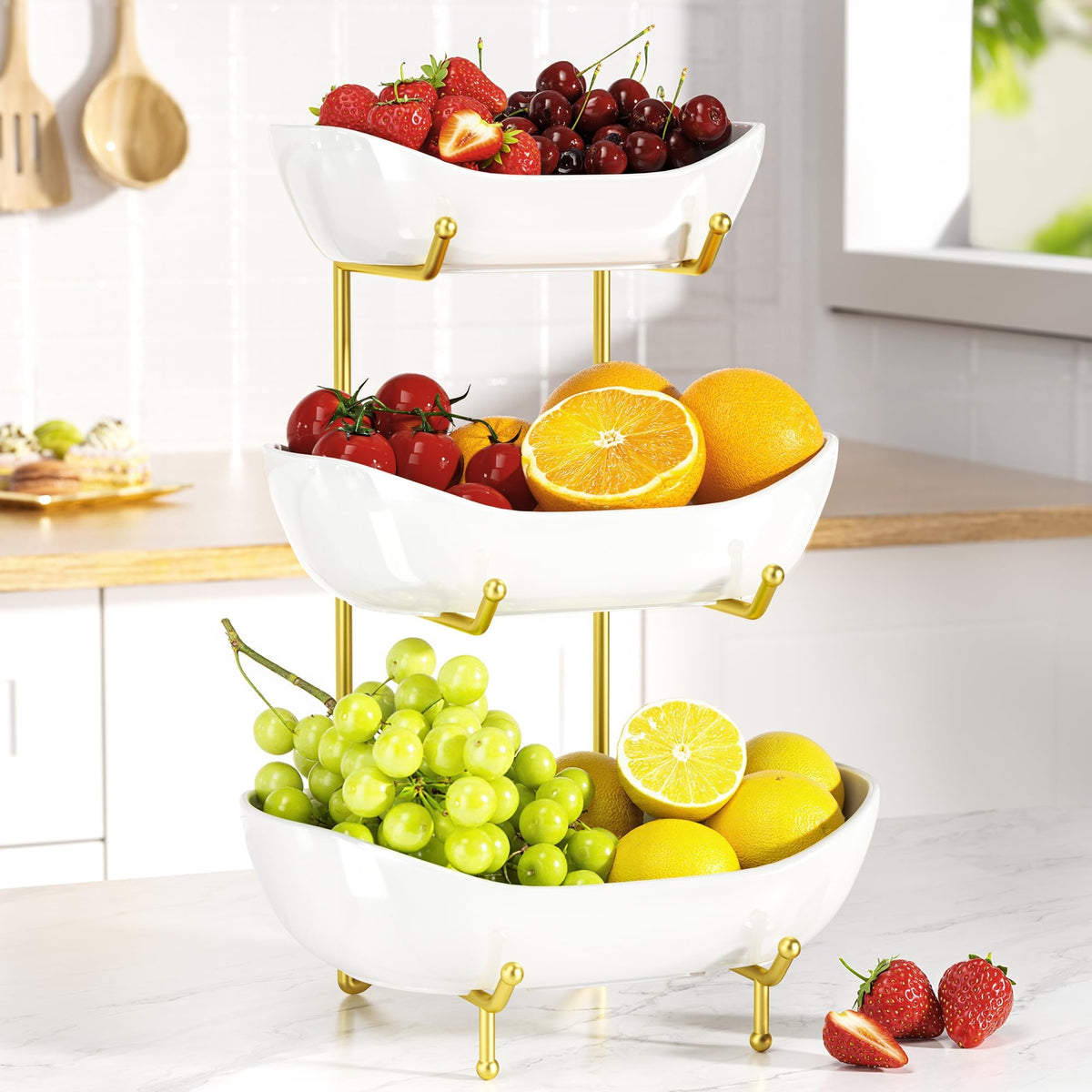 3 Tier Ceramic Fruit Bowl with Metal Stand Z972