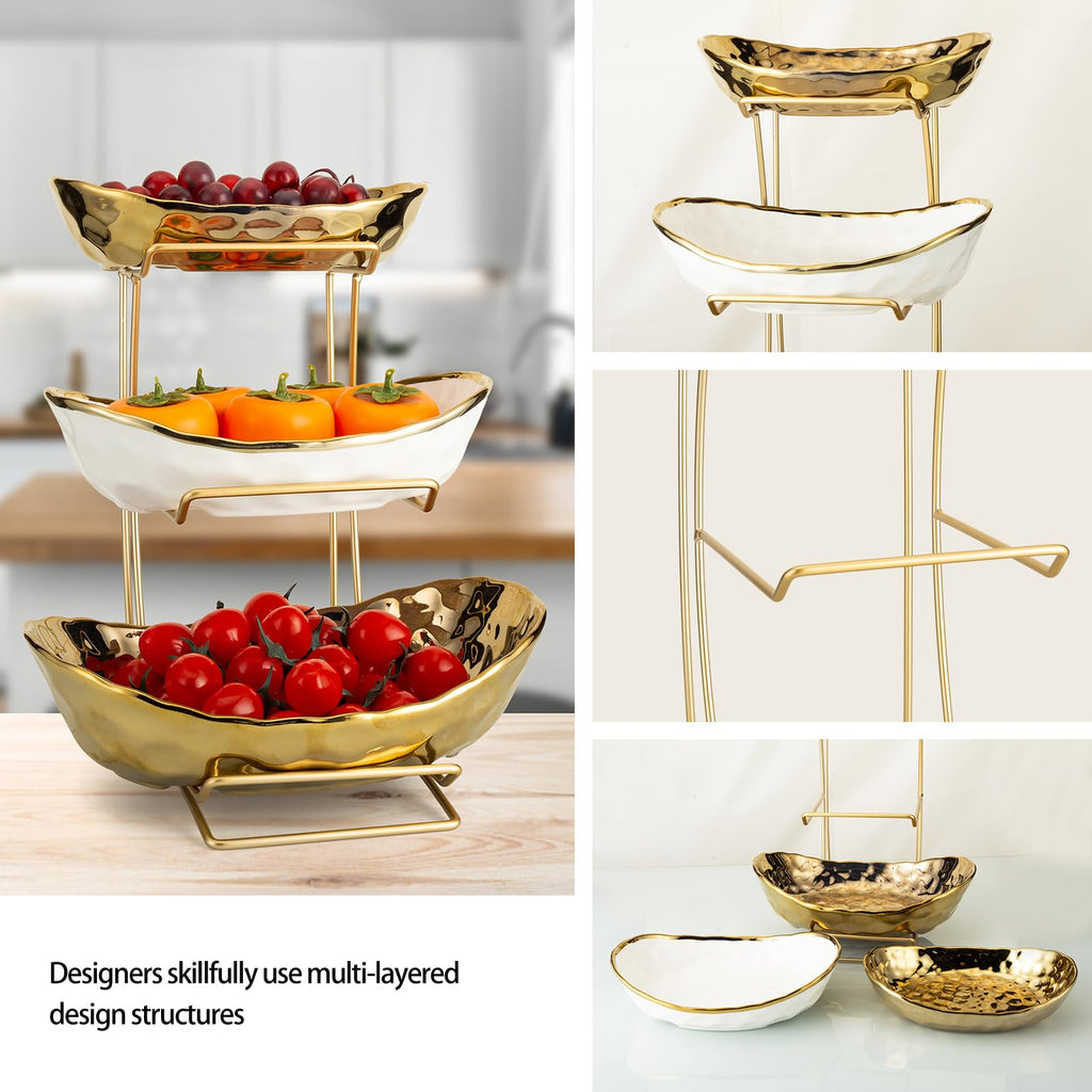3-Tier Gold Fruit Bowl & Tray with Metal Stand Y57071