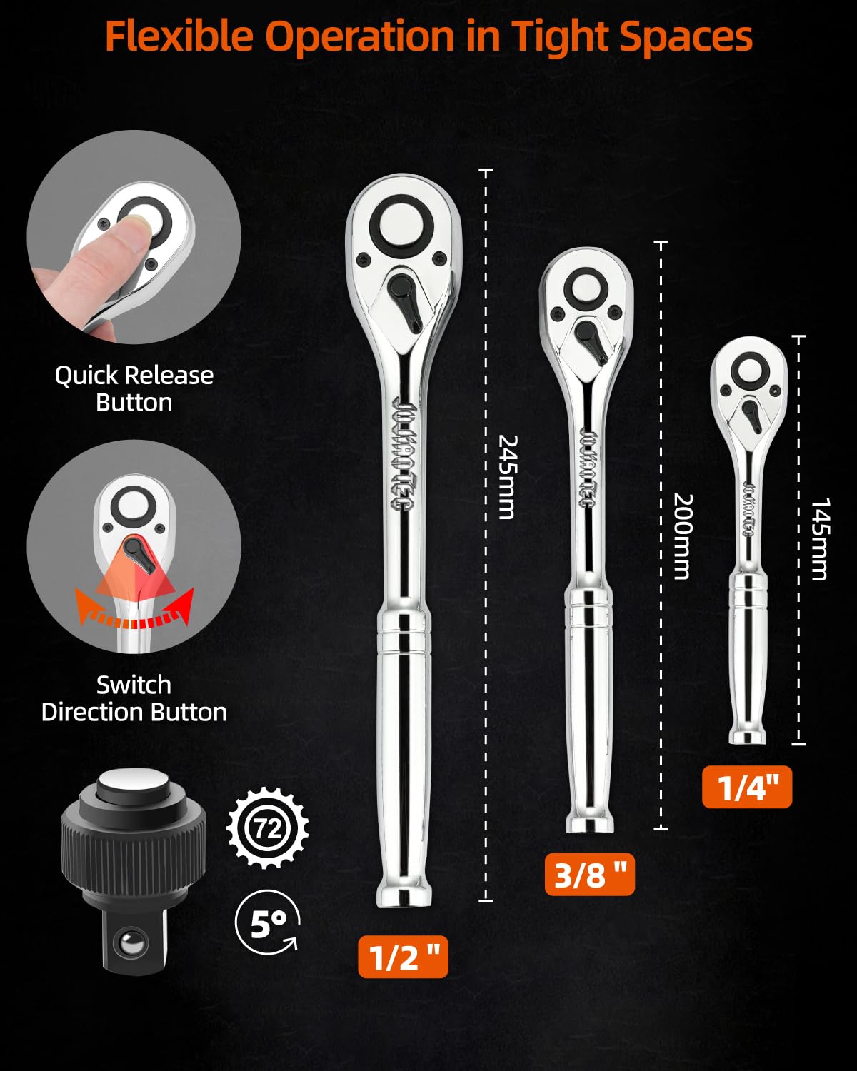 201pc Mechanics Tools Set, 1/2'', 1/4'', 3/8'' Drive Socket Set V651