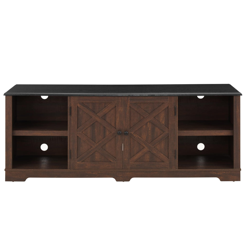 Espresso and Black TV Media Stand with Open Shelves and Closed Cabinets O117