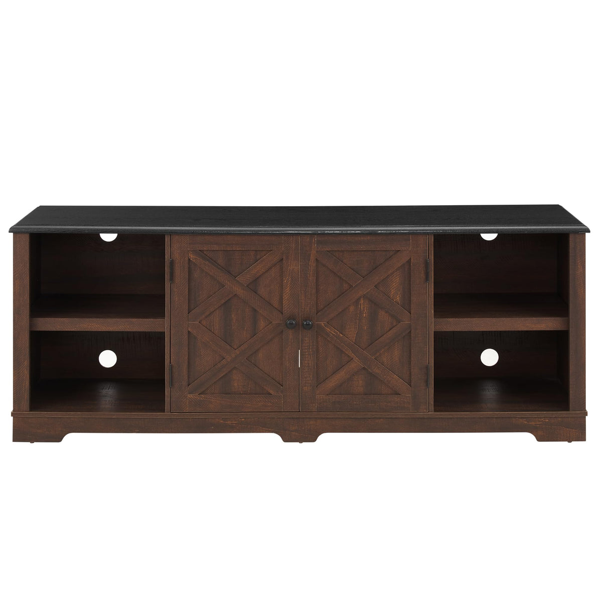 Espresso and Black TV Media Stand with Open Shelves and Closed Cabinets O117