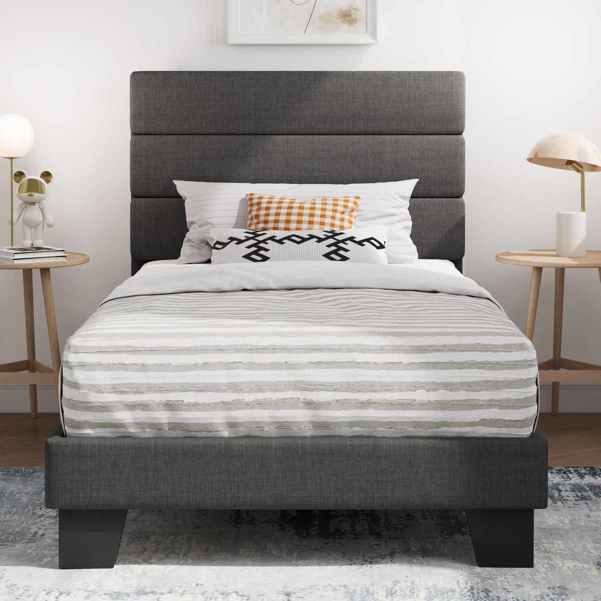 Twin Platform Bed Frame with Upholstered Fabric Headboard A7695