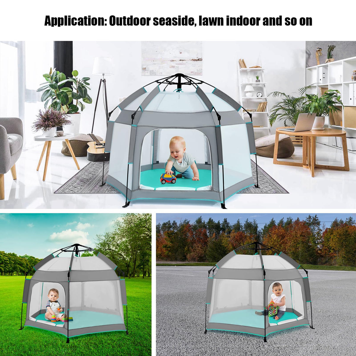 Hexagon Baby Playpen with Canopy X49835
