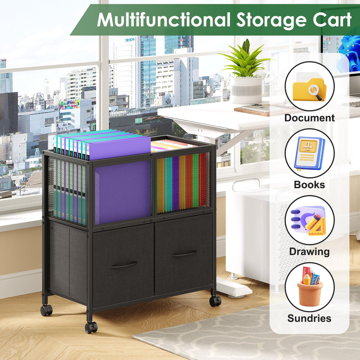 Rolling File Cart with 2 Fabric Drawers J91549