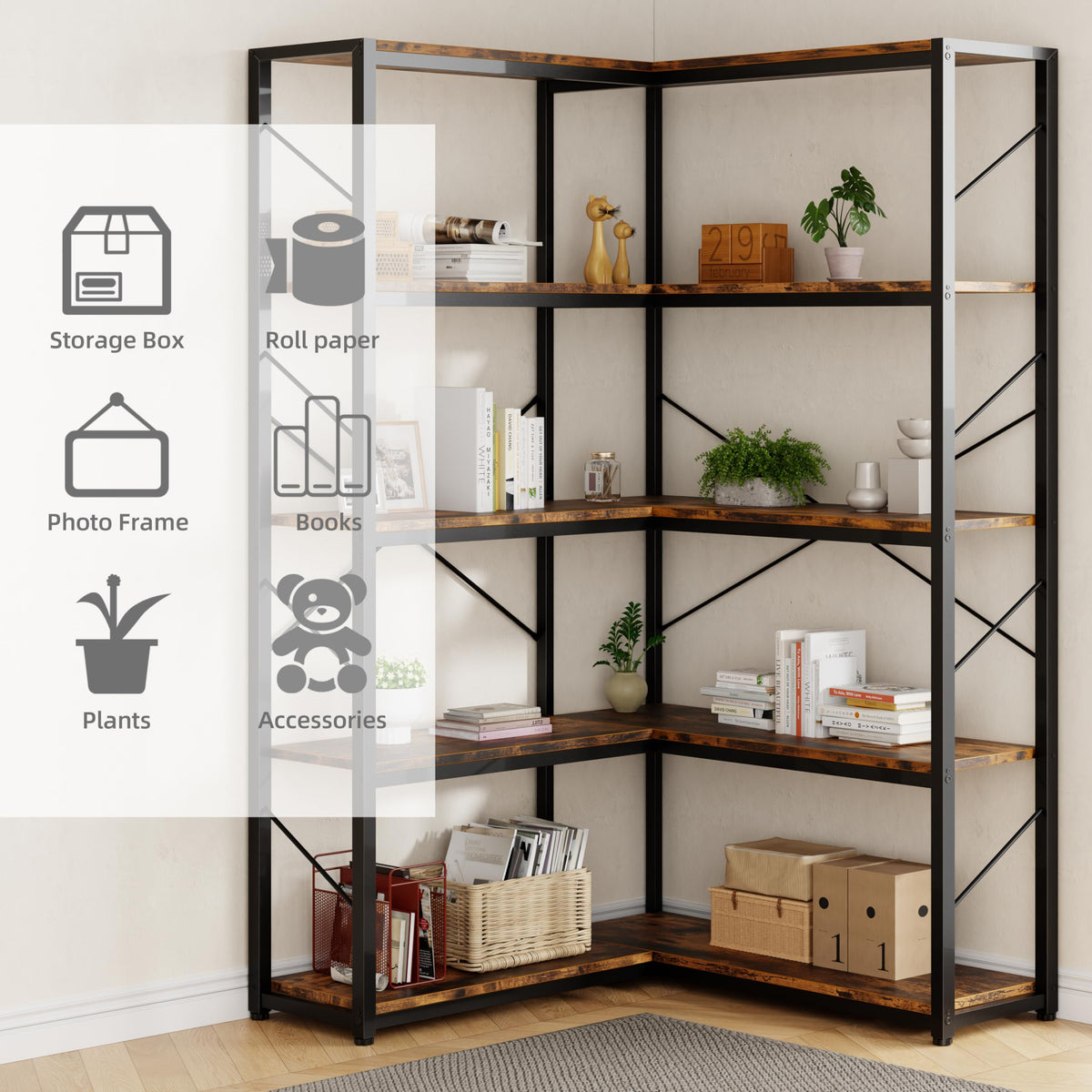 5 Tier L Shaped Corner Bookshelf T314