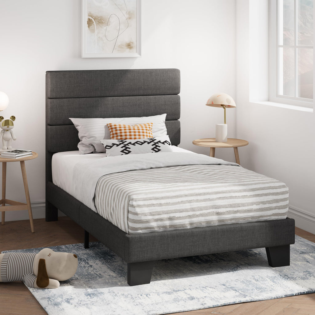 Twin Platform Bed Frame with Upholstered Fabric Headboard A7695
