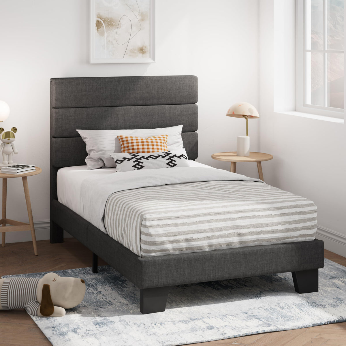 Twin Platform Bed Frame with Upholstered Fabric Headboard A7695