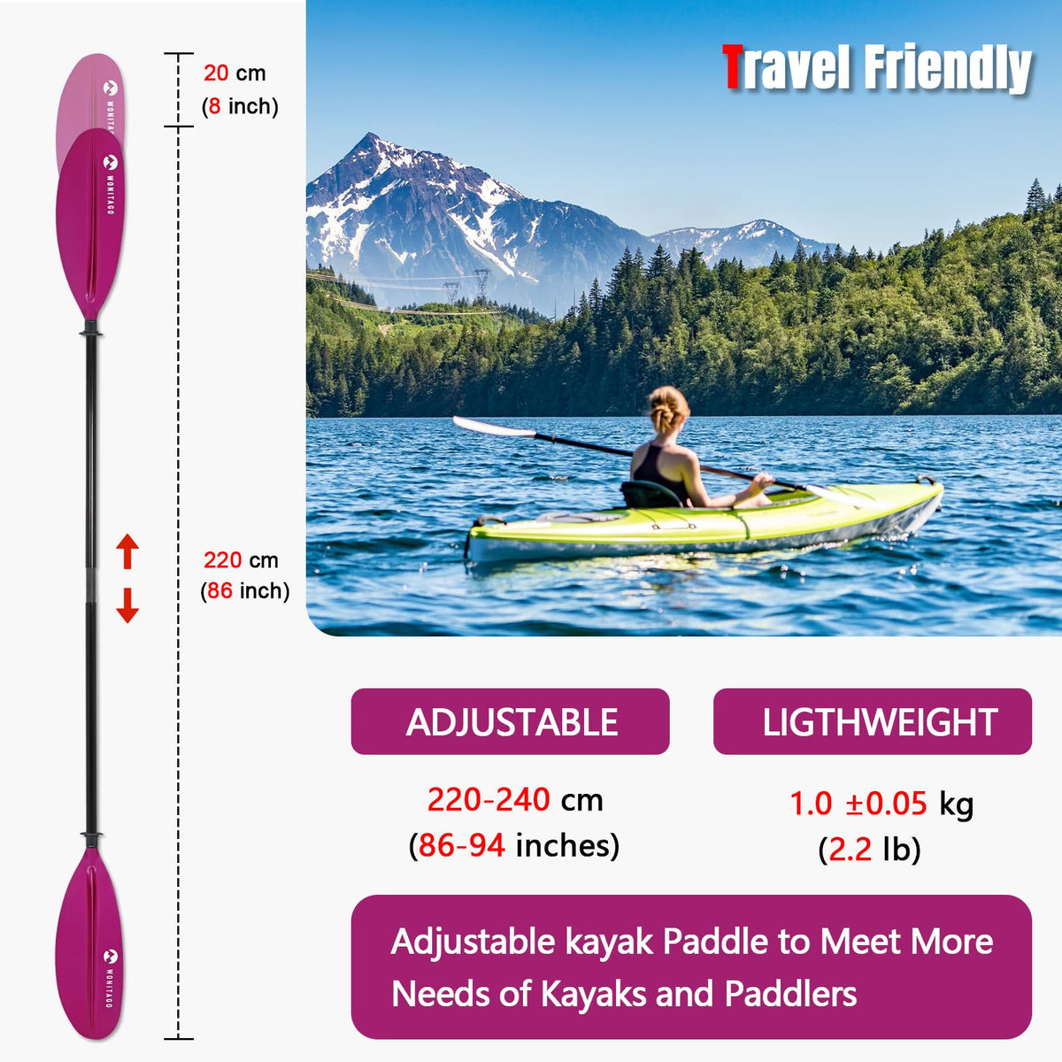 Adjustable Fiberglass Shaft PP Blade Kayak Paddle T35040