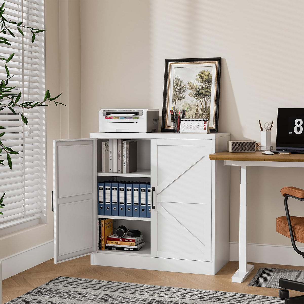 White 36" Metal Storage Cabinet with Doors and 2 Adjustable Shelves P99416