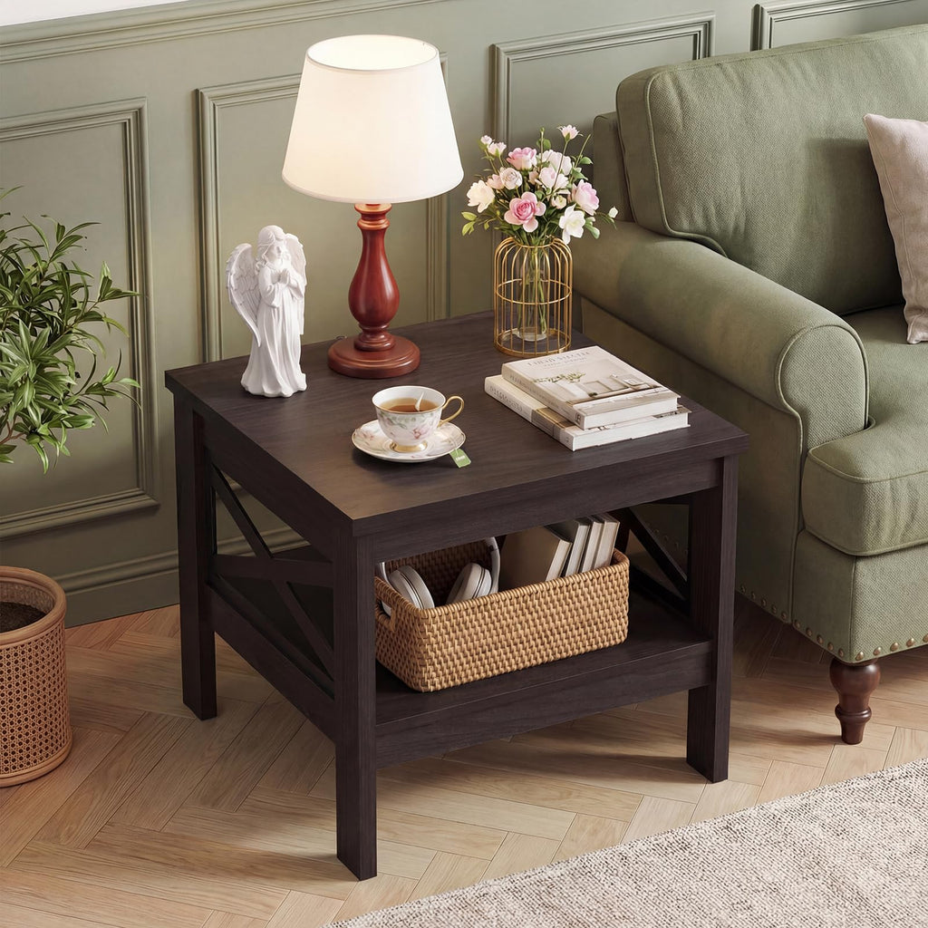 2-Tier Square End Table Set of 2 with Storage Shelf I888