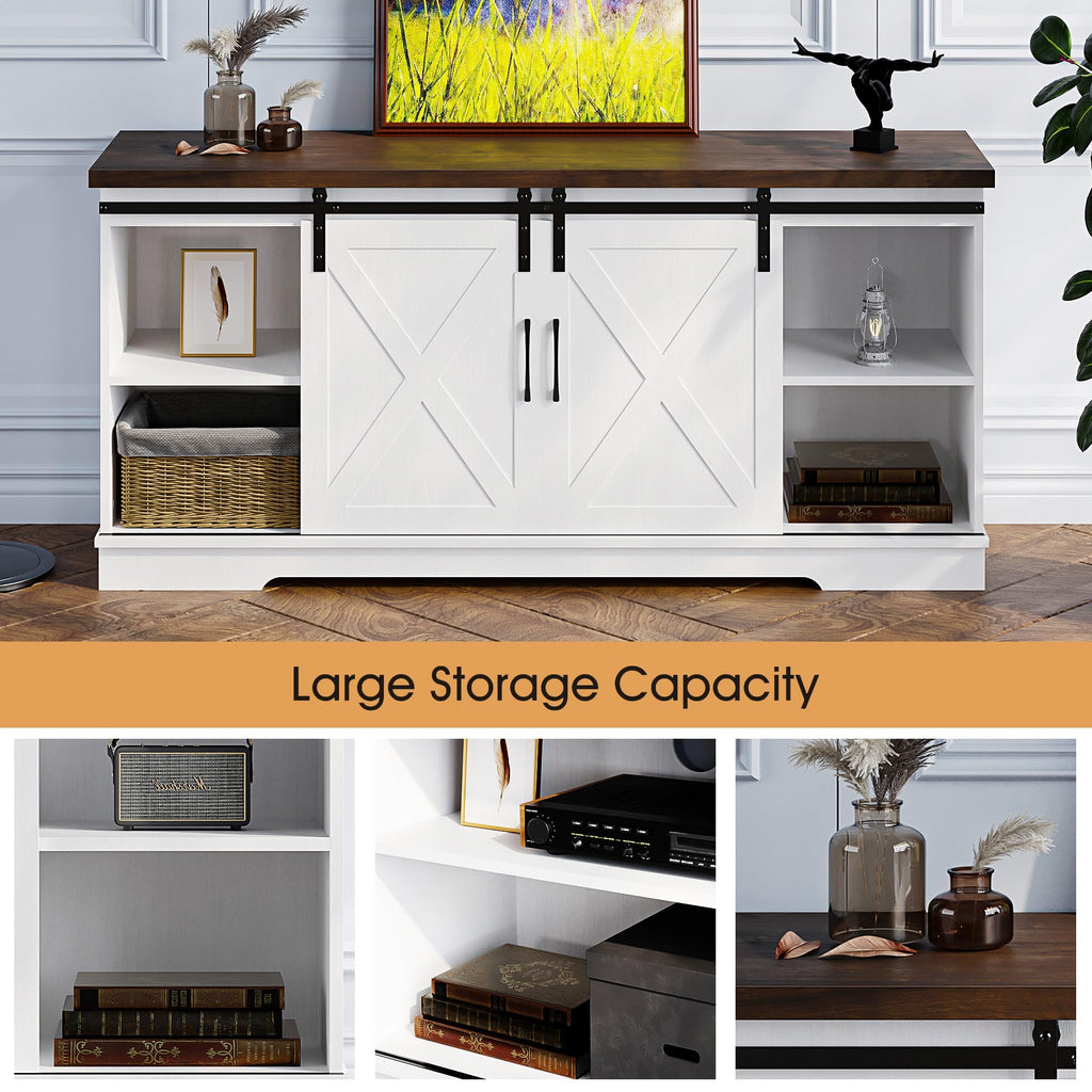 Farmhouse TV Stand with Sliding Barn Doors, White & Brown O339