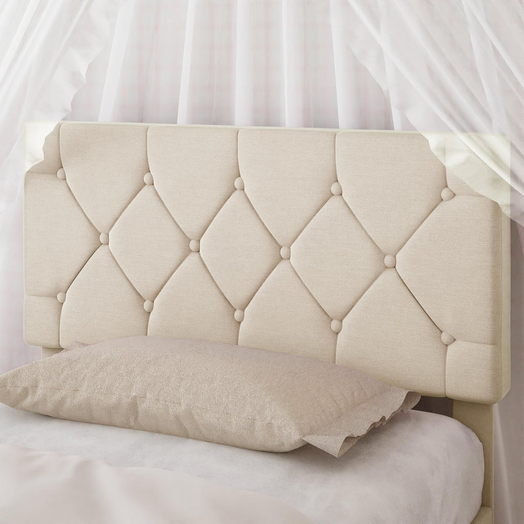 Twin Bed Frame with Upholstered Tufted Headboard, Beige Y344
