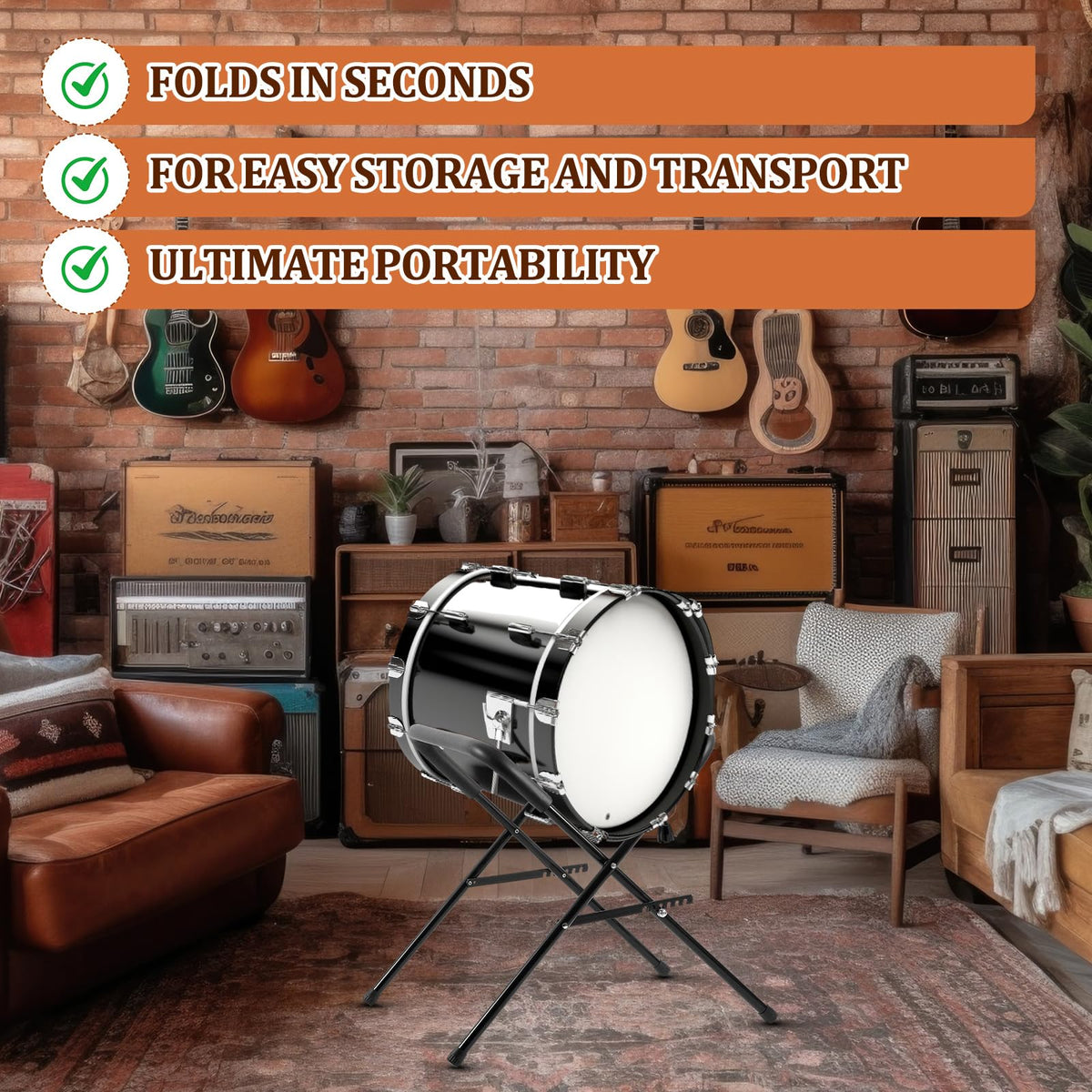 Heavy Duty Folding Bass Drum Stand Adjustable 21 Inches Steel Z55545