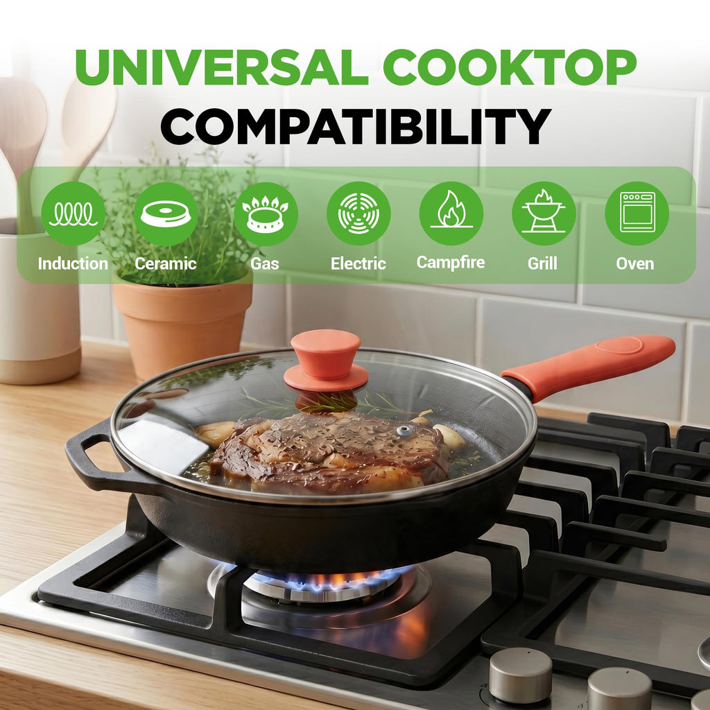 10" Pre-Seasoned Cast Iron Skillet with Glass Lid L350934