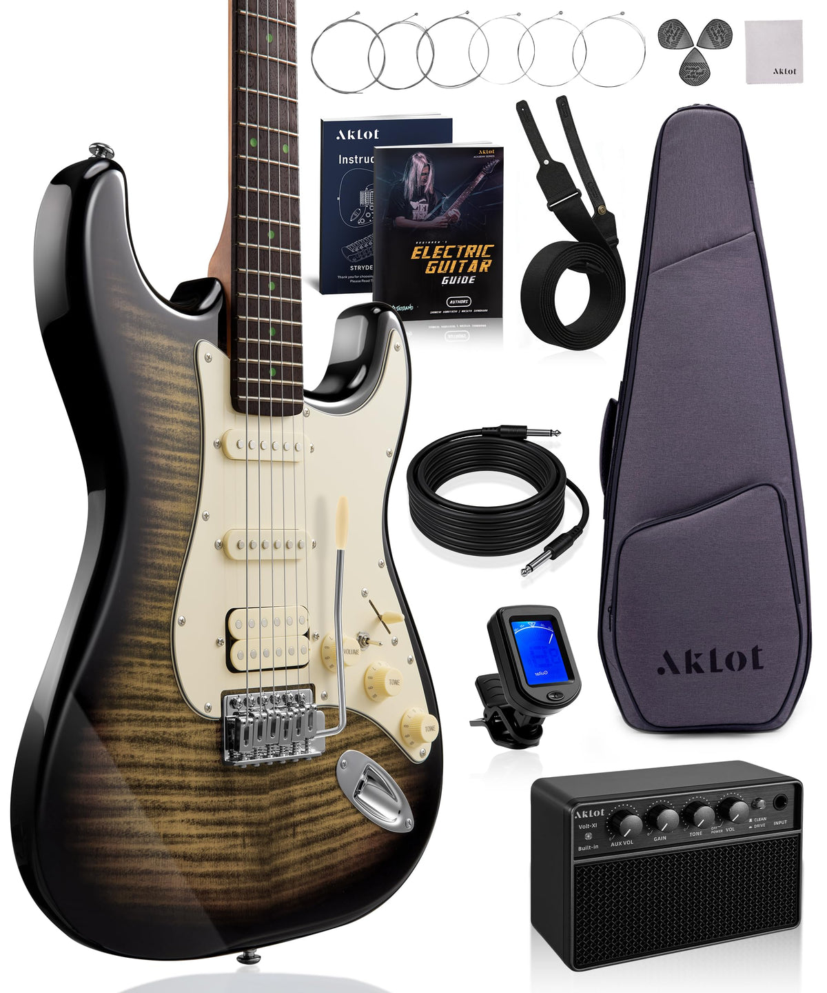 Beginner Electric Guitar Kit with 10W Amp, HSS Pickups, Gig Bag, Tuner, Strap, Picks, Black H5326