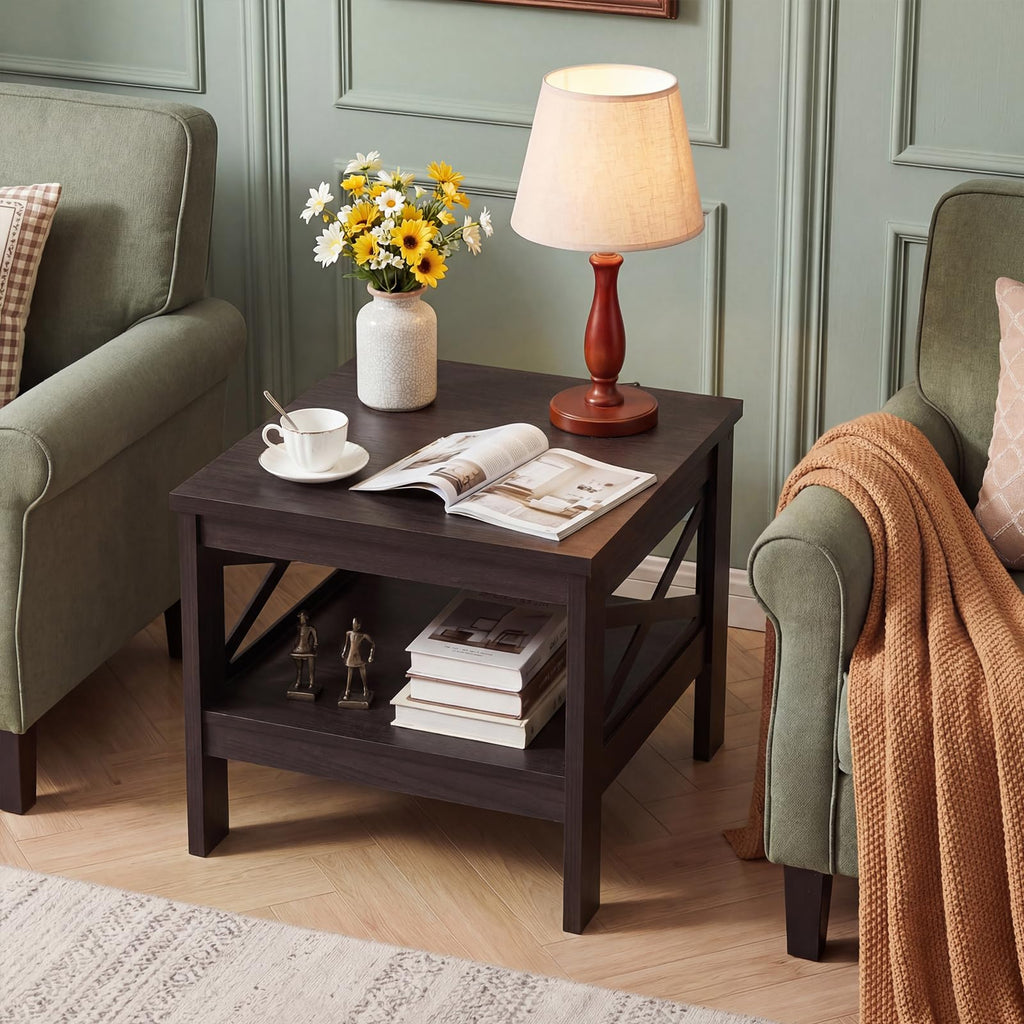 2-Tier Square End Table Set of 2 with Storage Shelf I888