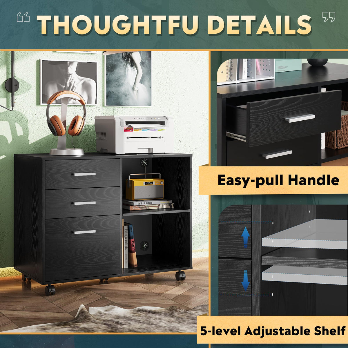 Wood 3 Drawer Black File Cabinet A7479