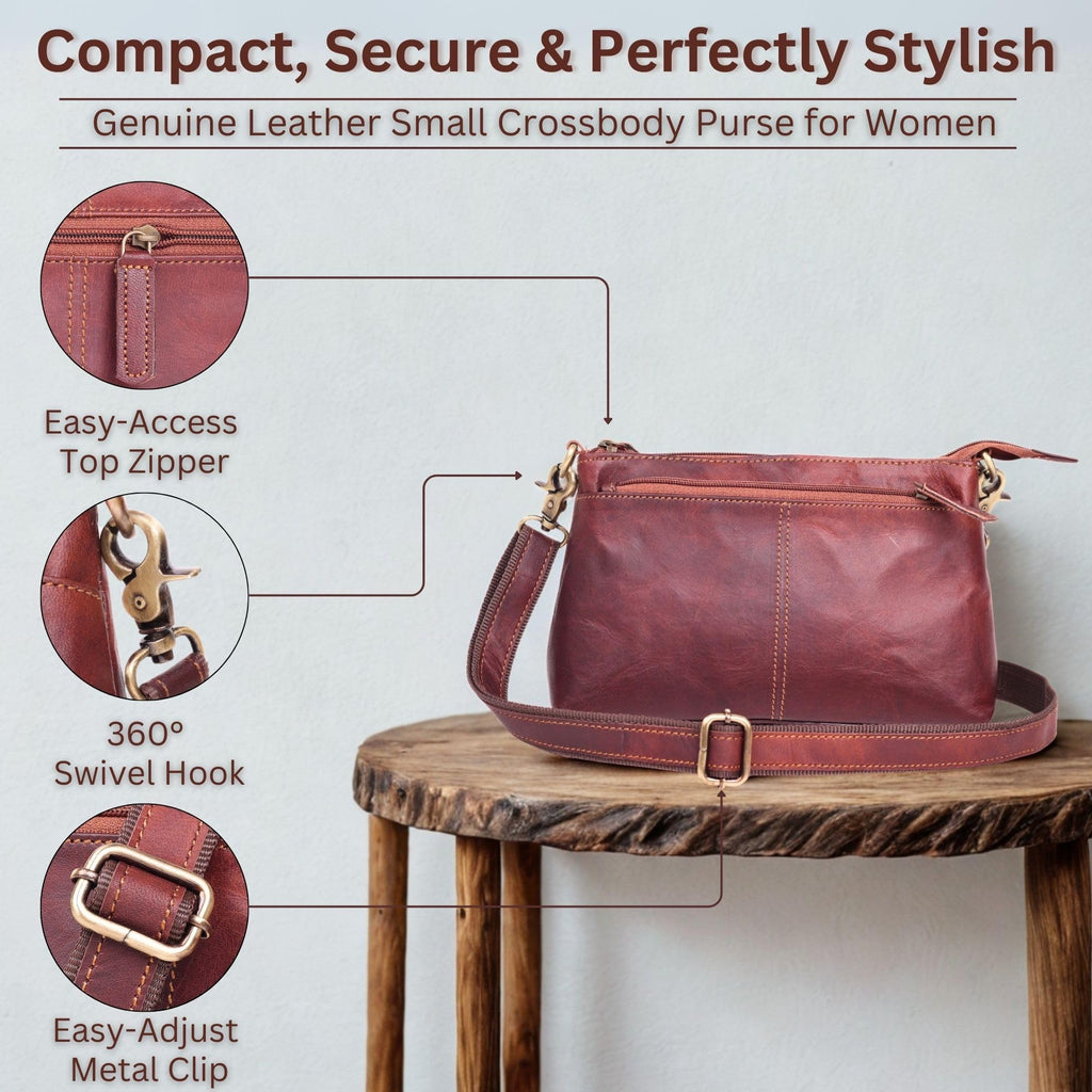 Small Genuine Leather Crossbody Bag with 3 Zipper Pockets Q177983