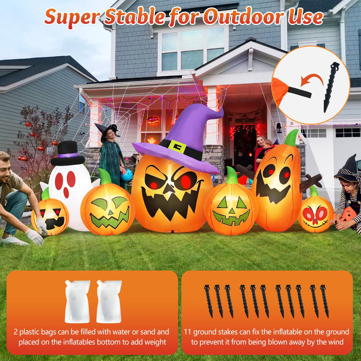 8FT Halloween Inflatables Pumpkin Witch Hat & Ghost Combo V978