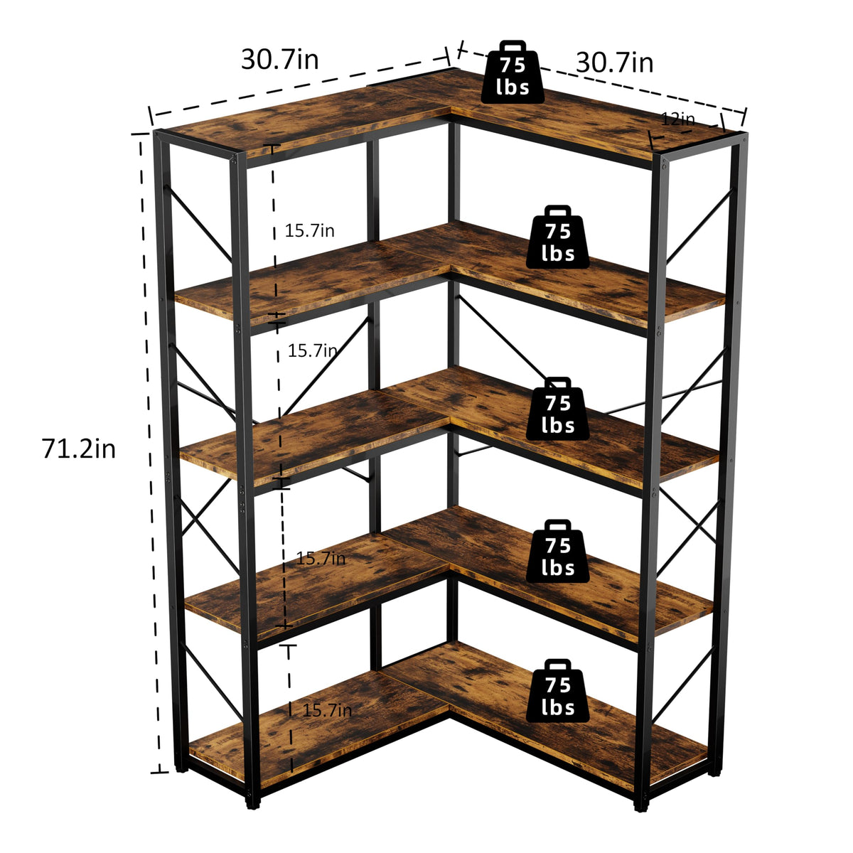 5 Tier L Shaped Corner Bookshelf T314