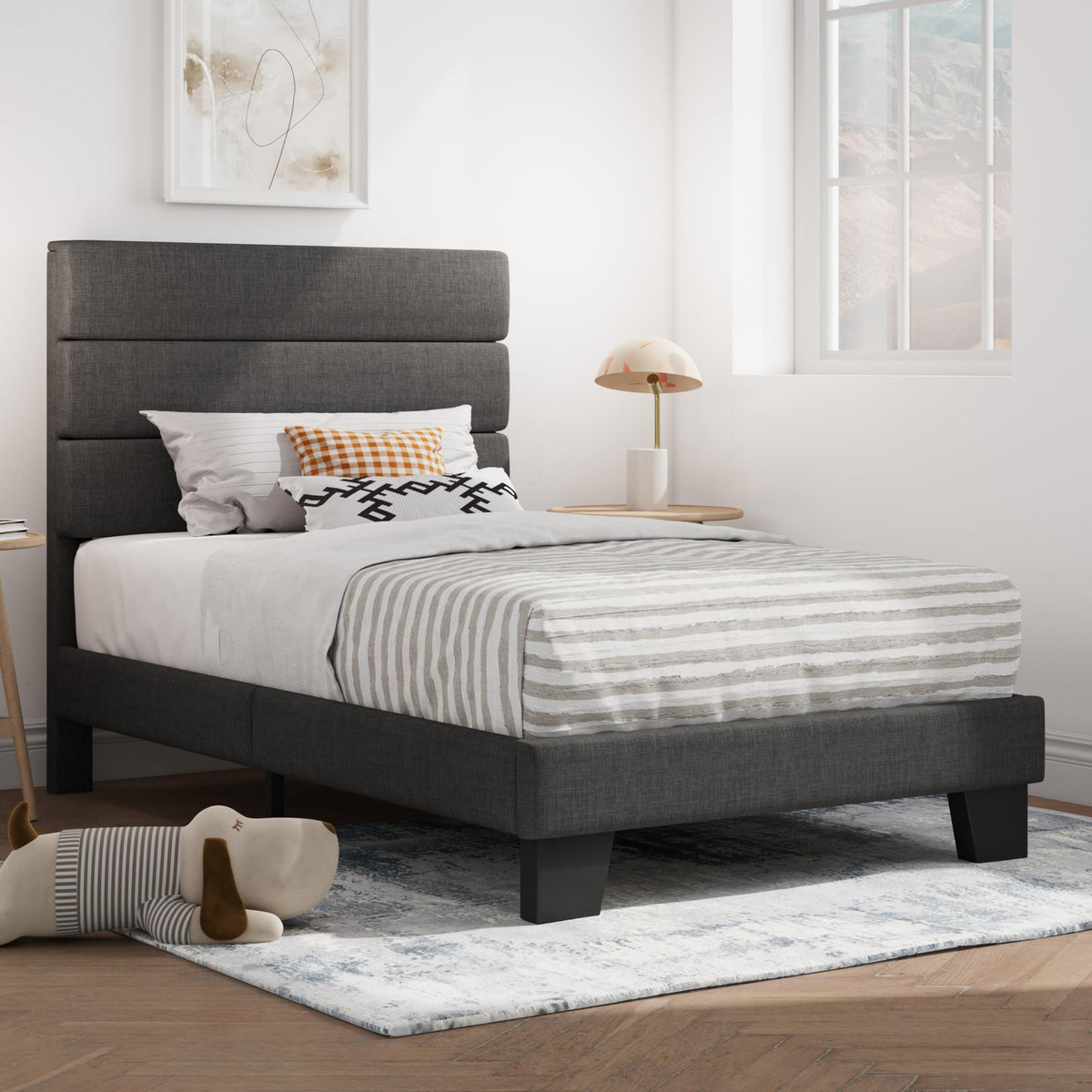 Twin Platform Bed Frame with Upholstered Fabric Headboard A7695