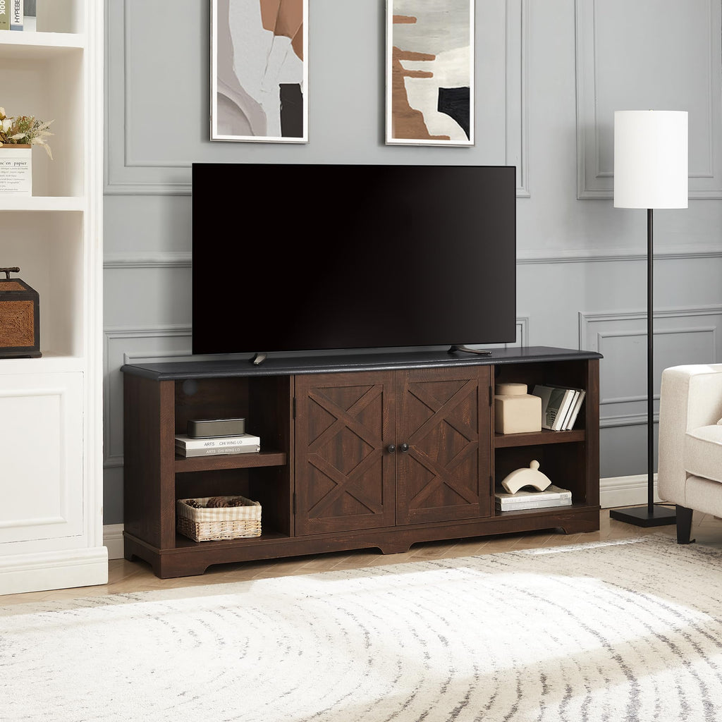 Espresso and Black TV Media Stand with Open Shelves and Closed Cabinets O117