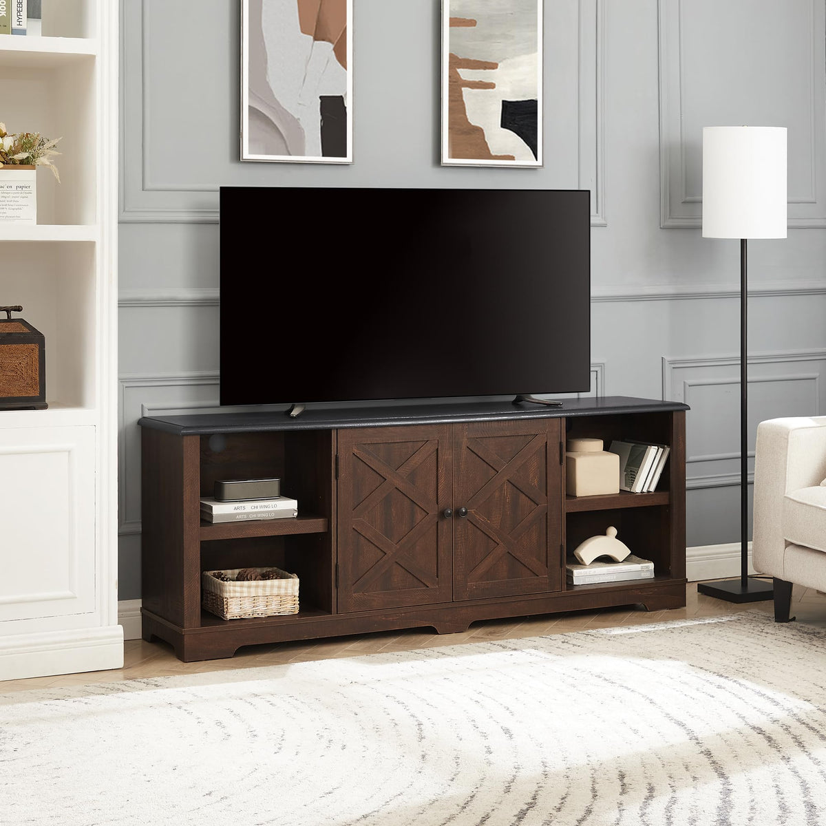Espresso and Black TV Media Stand with Open Shelves and Closed Cabinets O117