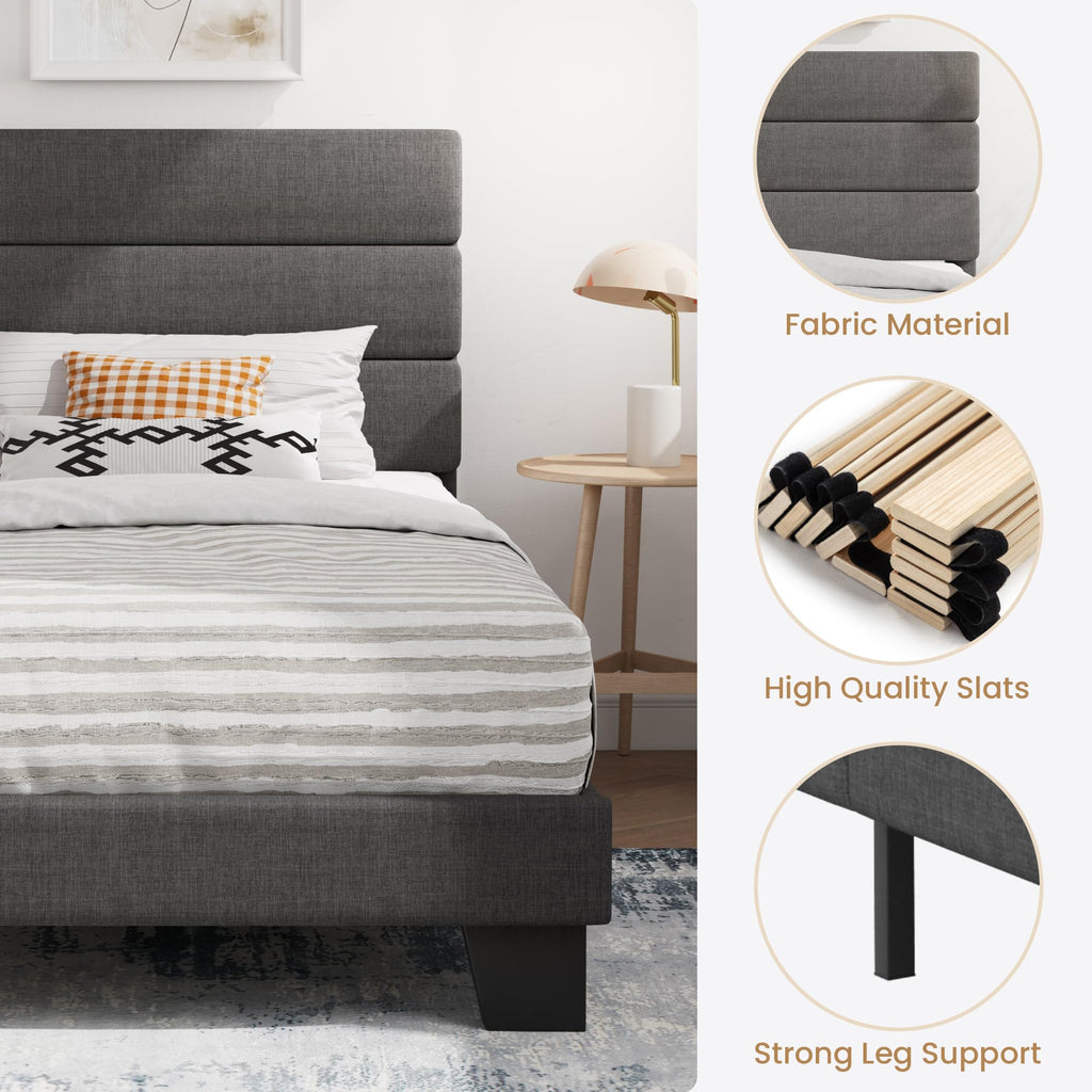 Twin Platform Bed Frame with Upholstered Fabric Headboard A7695