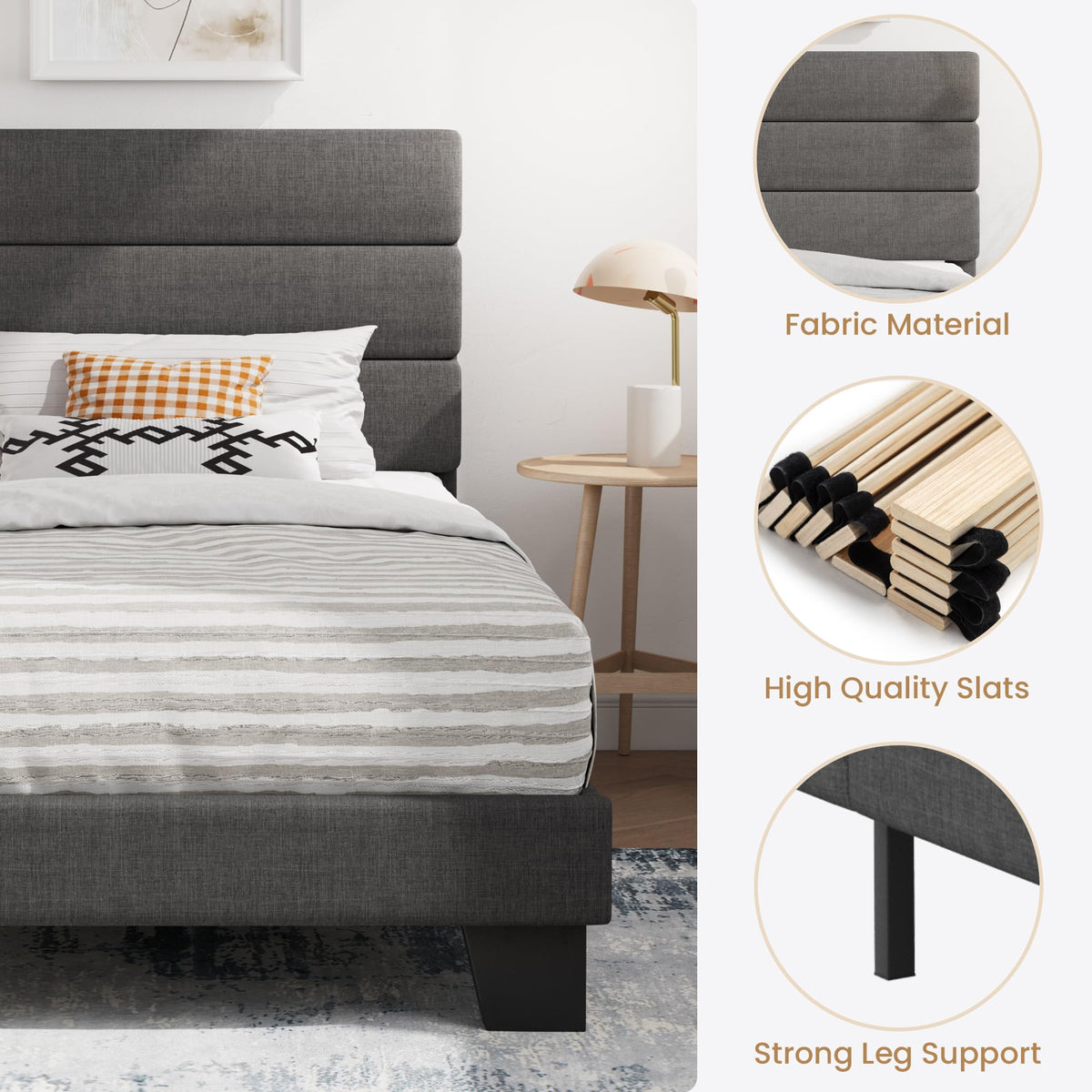 Twin Platform Bed Frame with Upholstered Fabric Headboard A7695