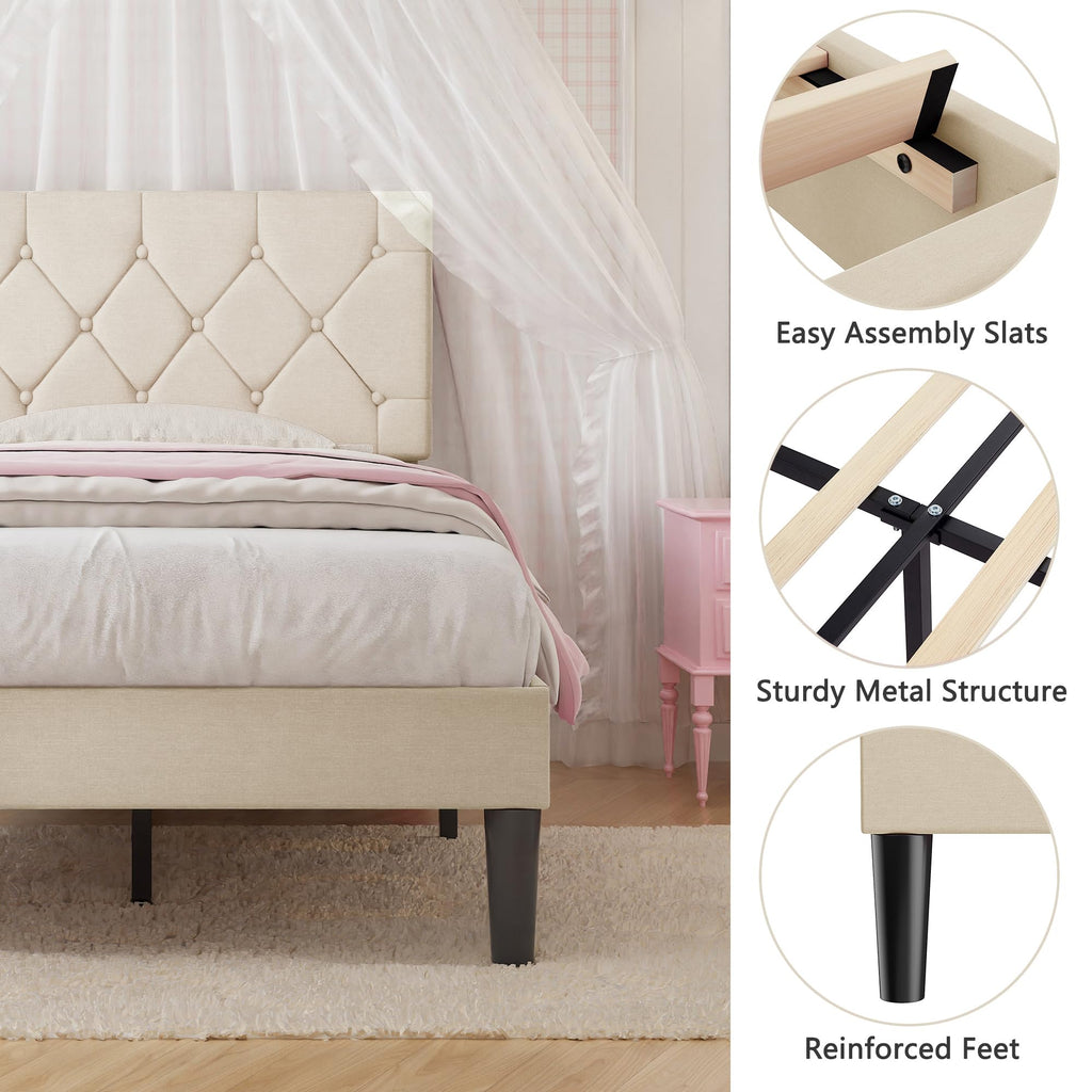 Twin Bed Frame with Upholstered Tufted Headboard, Beige Y344