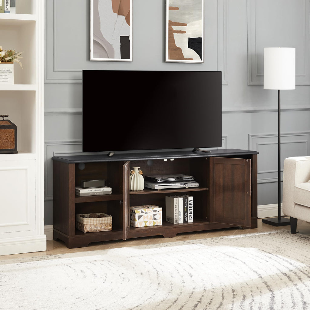 Espresso and Black TV Media Stand with Open Shelves and Closed Cabinets O117