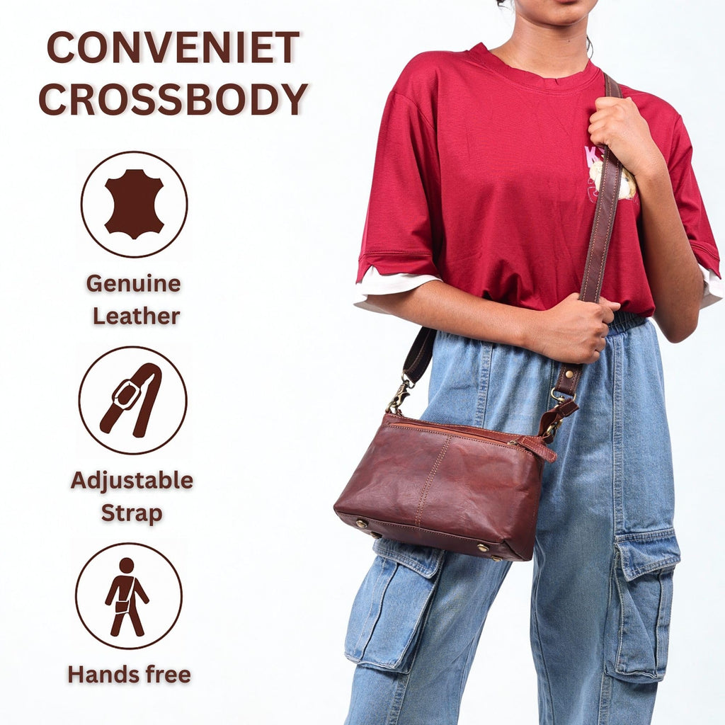 Small Genuine Leather Crossbody Bag with 3 Zipper Pockets Q177983